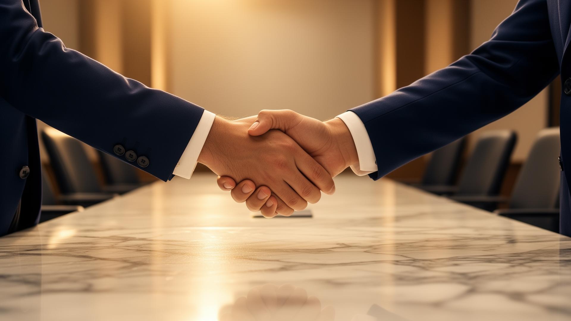 Mermer masa üzerinde iş ortakları el sıkışırken — Go Global müşteri güveni